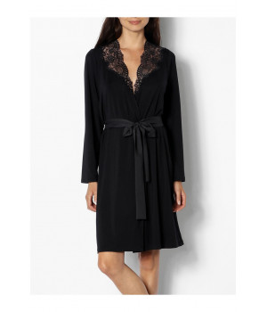 Knee-length dressing gown with lace-trimmed neck and backline
