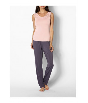 Two-tone pyjamas with sleeveless, lace-trimmed round neck top