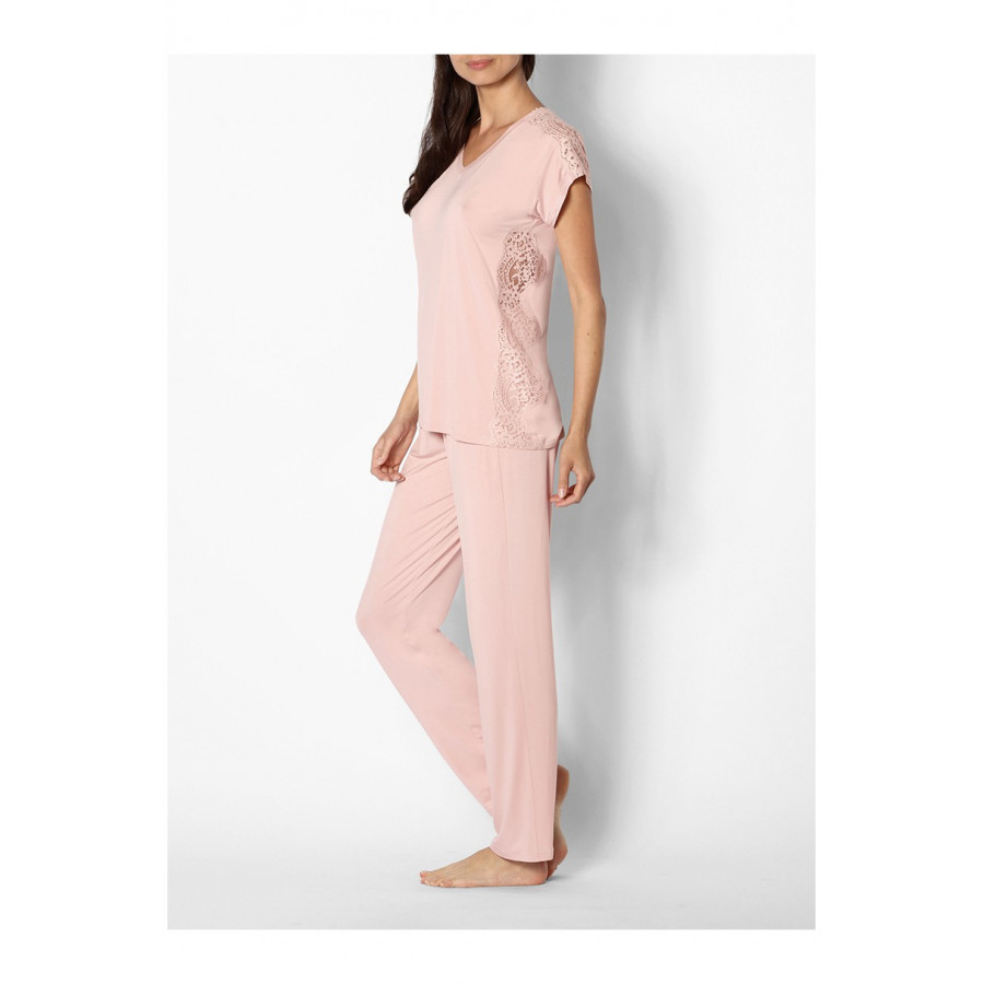 Pyjama uni décolleté rond manche courte et dentelle - Ligne Gigi - Coemi-Lingerie