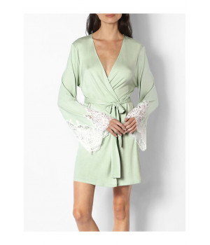 Mid-thigh length dressing gown with lace-trimmed long sleeves