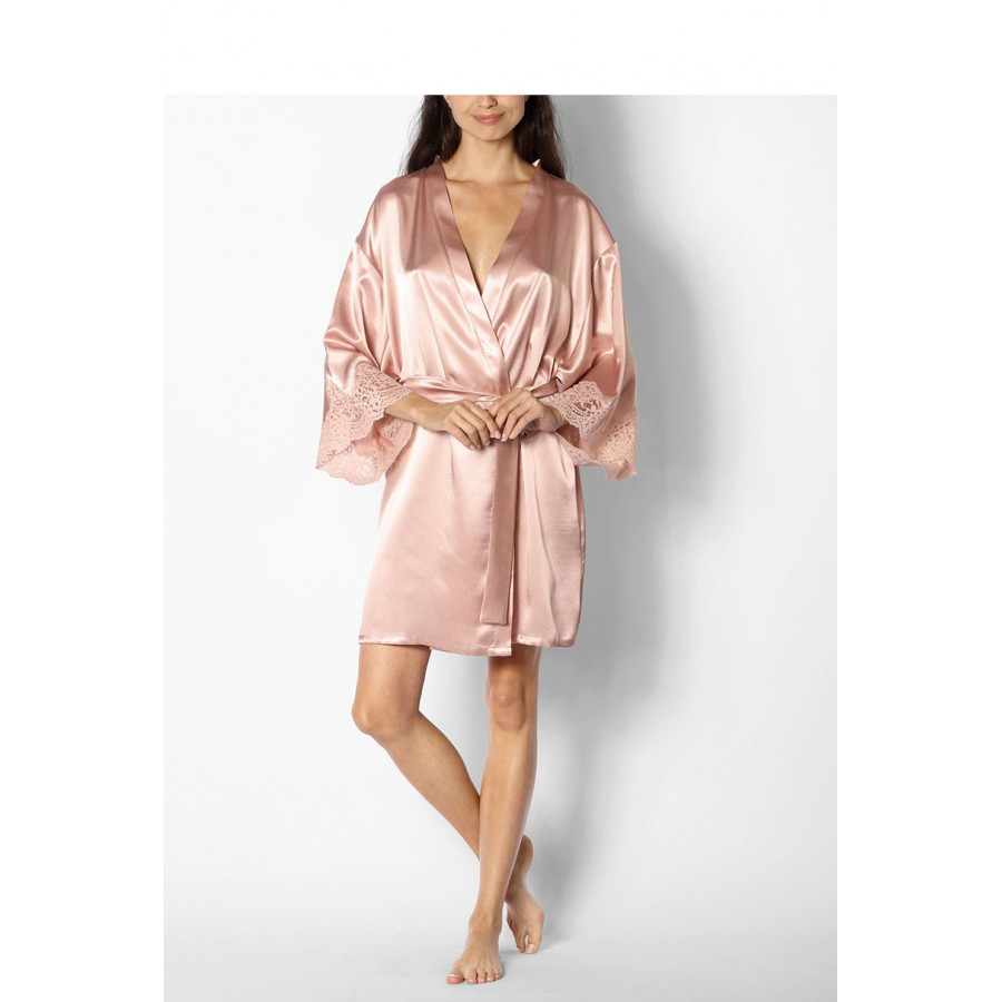 Knee-length satin dressing gown with a wide band of lace on the cuffs - Gisele range
