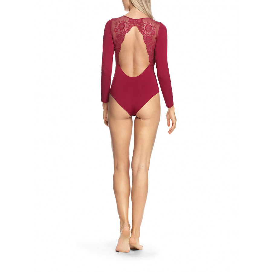 Long-sleeved bodysuit with lace insert on shoulders and back