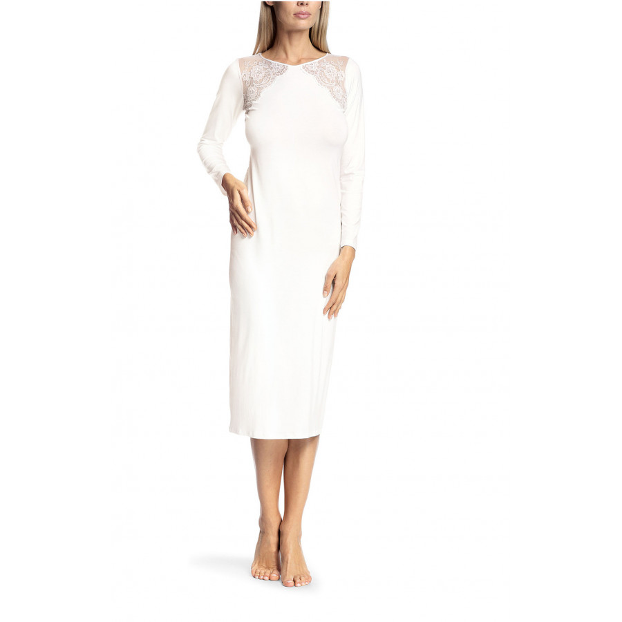Long, long-sleeved nightdress with lace inserts and wide cut at the back