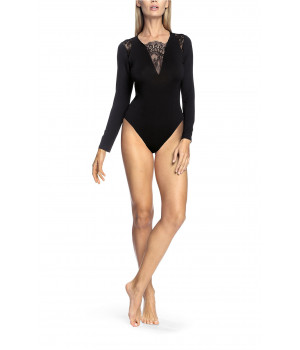 Long-sleeved bodysuit with lace inserts on the neckline and shoulders 