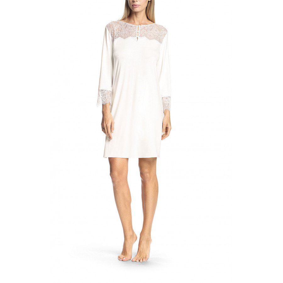 Buttoned round neck nightdress with lace inserts and three-quarter sleeves