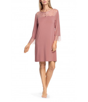 Buttoned round neck nightdress with lace inserts and three-quarter sleeves