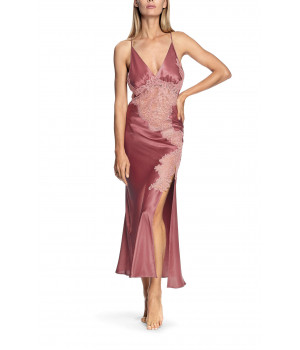 A long satin and lace nightdress with thin straps that cross at the back