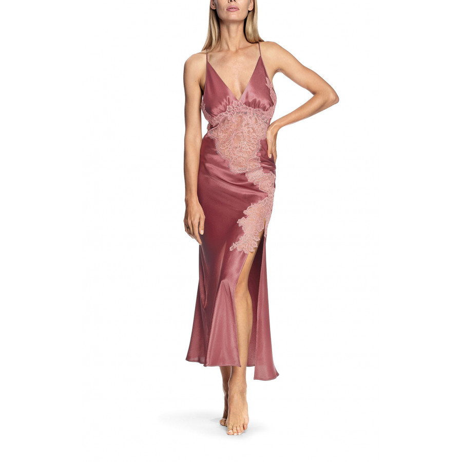 A long satin and lace nightdress with thin straps that cross at the back - Chiara range