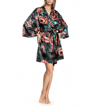 Kimono-style robe with flared, loose-fitting sleeves and floral pattern