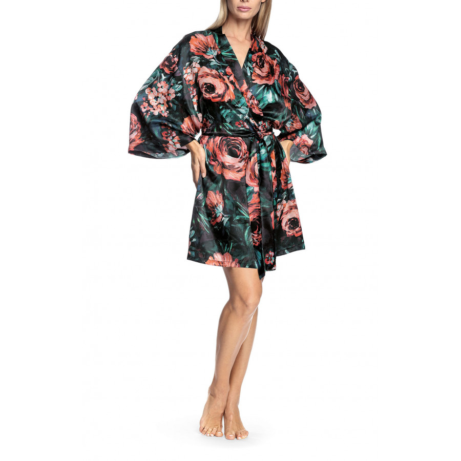 Kimono-style robe with flared, loose-fitting sleeves and floral pattern