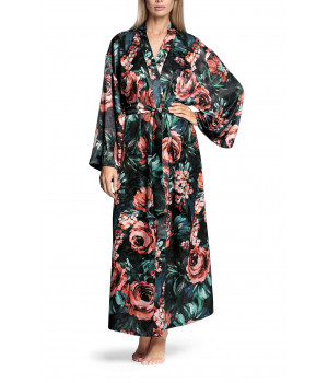 Calf-length robe with loose-fitting sleeves and floral pattern