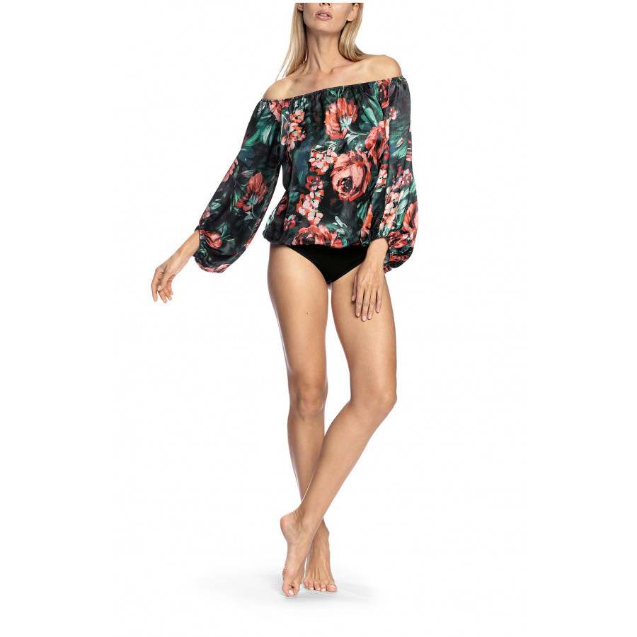 Off-the-shoulder puff-sleeved bodysuit with floral pattern