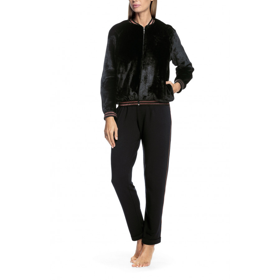 Black bomber jacket with two-tone bands at the cuff and collar