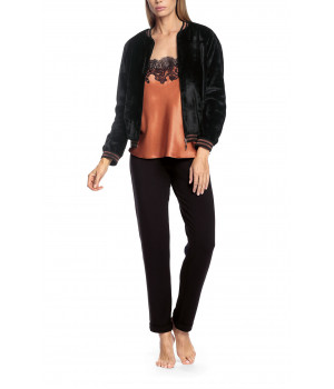 Black bomber jacket with two-tone bands at the cuff and collar