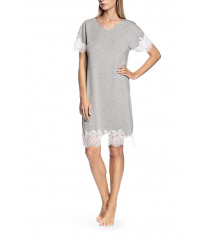 Short-sleeved light grey nightdress with lace inserts - Letizia