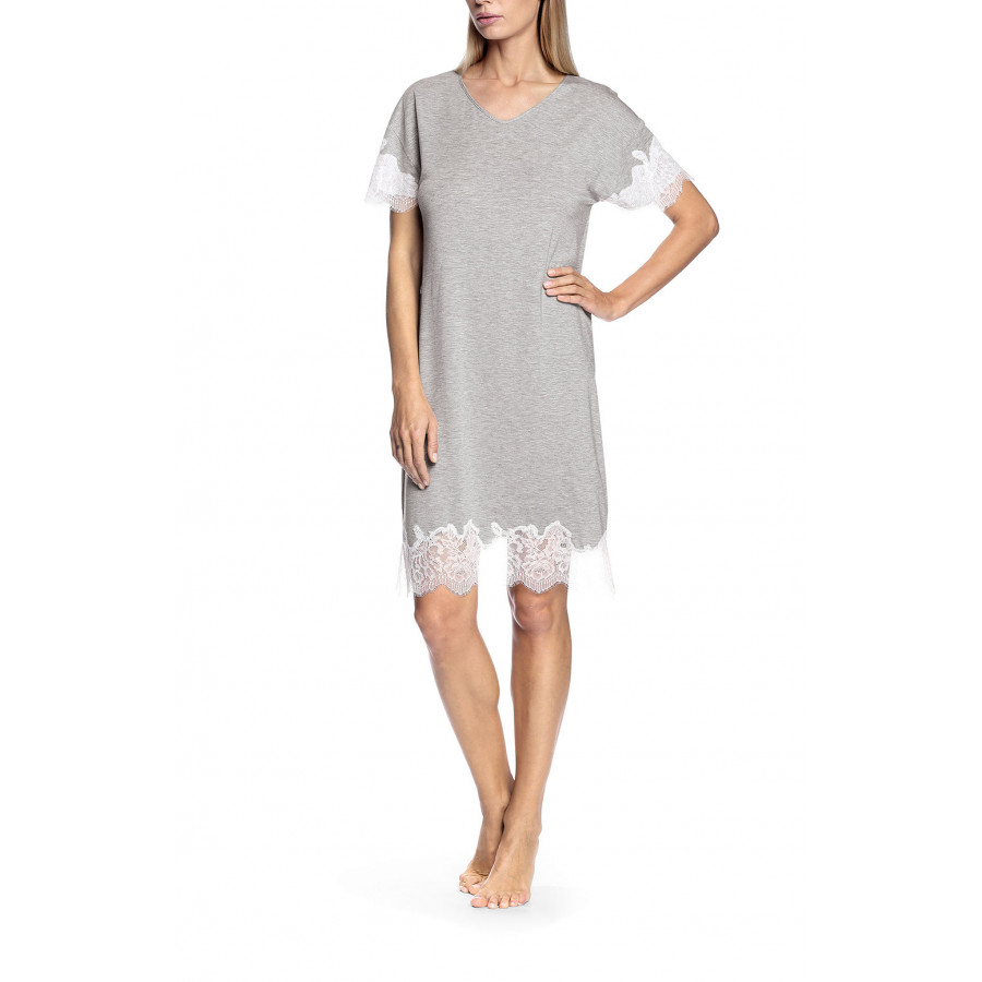 Short-sleeved light grey nightdress with lace inserts - Letizia