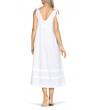 Long, white, loose-fitting sleeveless nightdress with shoulder ties.