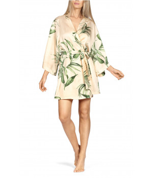 Short robe belted at the waist with flared sleeves and leaf print.