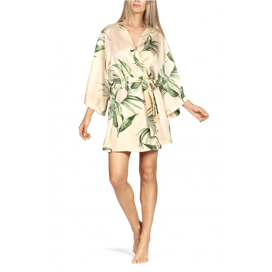 Short robe belted at the waist with flared sleeves and leaf print.