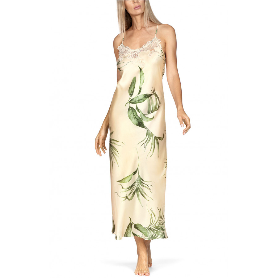 A long nightdress with lace inserts and thin straps that cross at the back.