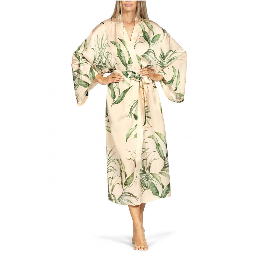 Long robe with flared batwing sleeves and leaf print.