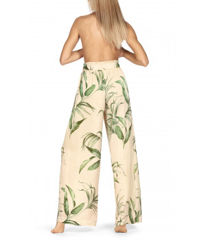 Set comprising a top with thin straps and long flared trousers. Leaf print.