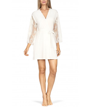 Short, mid-thigh-length robe with straight embroidered tulle sleeves.