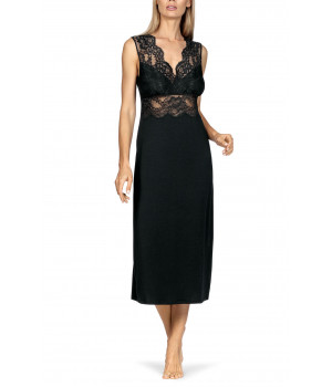 Long, sleeveless calf-length nightdress with lace and open back.