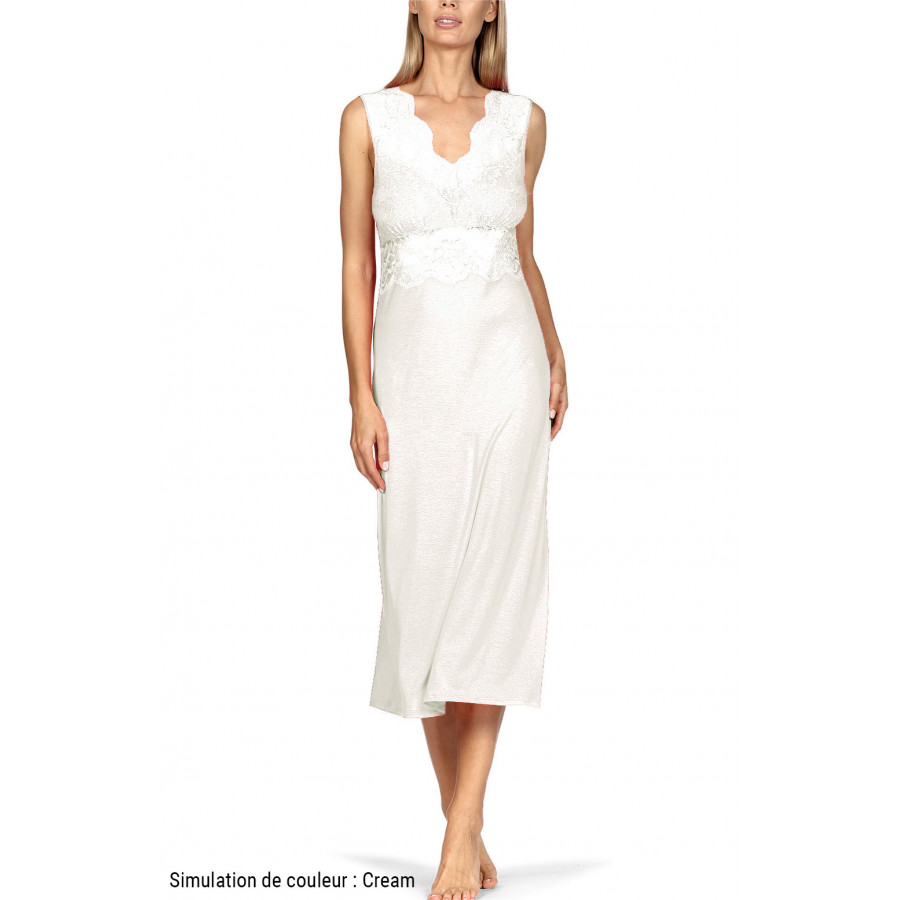 Long, sleeveless calf-length nightdress with lace and open back.