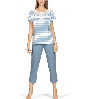 Pyjamas comprising a short-sleeve stripe print top and plain three-quarter length trousers.