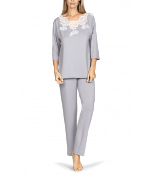 Zweiteiliger Pyjama, Oberteil mit ¾-Ärmeln und Spitzenbesatz, lange Hose