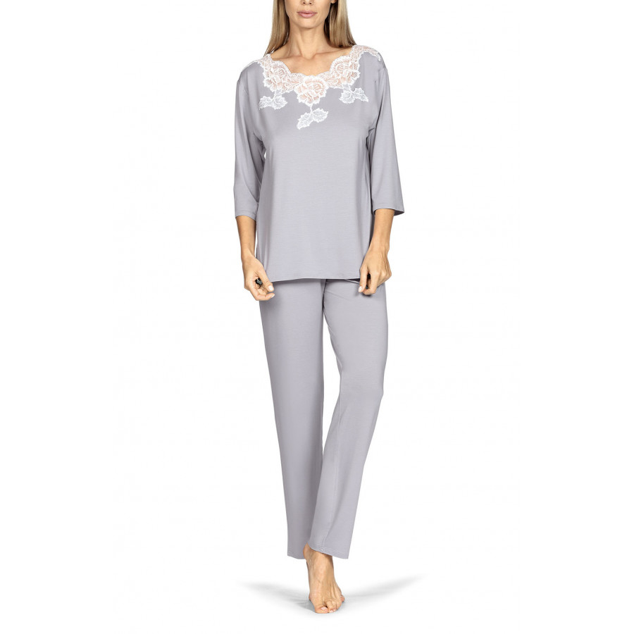 Two-piece pyjamas comprising a top with three-quarter sleeves and lace insert, and long trousers. Coemi-lingerie