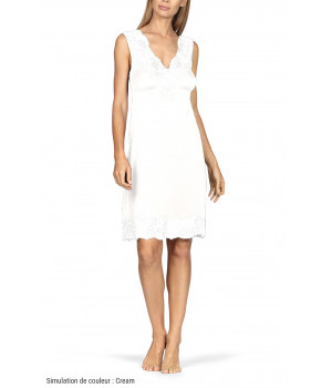 Sleeveless knee-length nightdress with lace-trimmed V-shaped neckline.