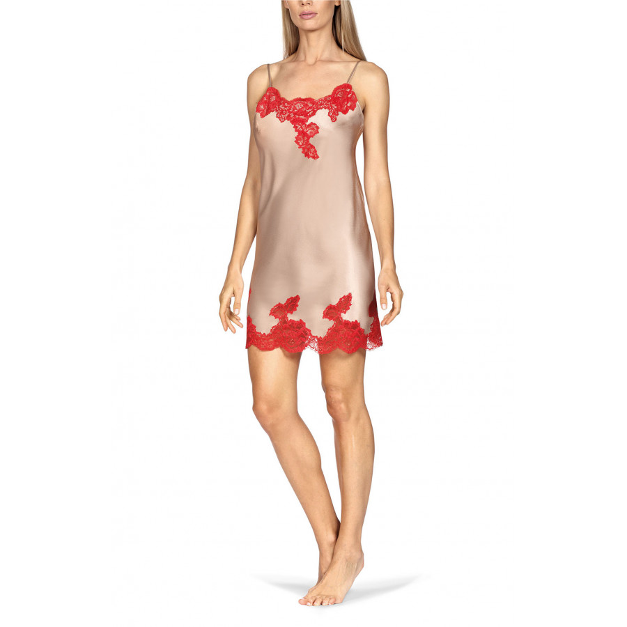 A strappy beige satin and red lace nightdress. Coemi-lingerie