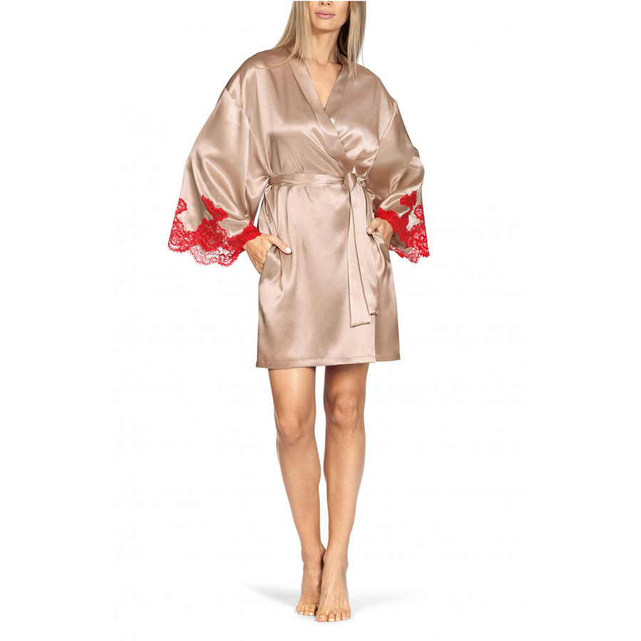 Short kimono-style beige satin and red lace robe. Coemi-lingerie