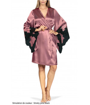 Satin and lace kimono-style robe with long loose-fitting sleeves.