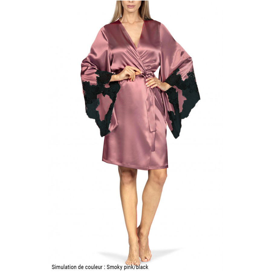 Satin and lace kimono-style robe with long loose-fitting sleeves. Coemi-lingerie