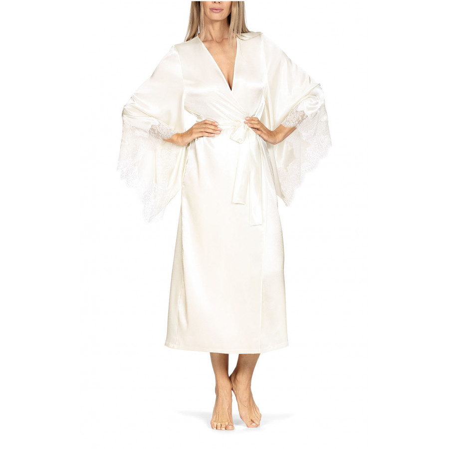 Long satin and lace robe with long, loose-fitting flared sleeves. Coemi-lingerie