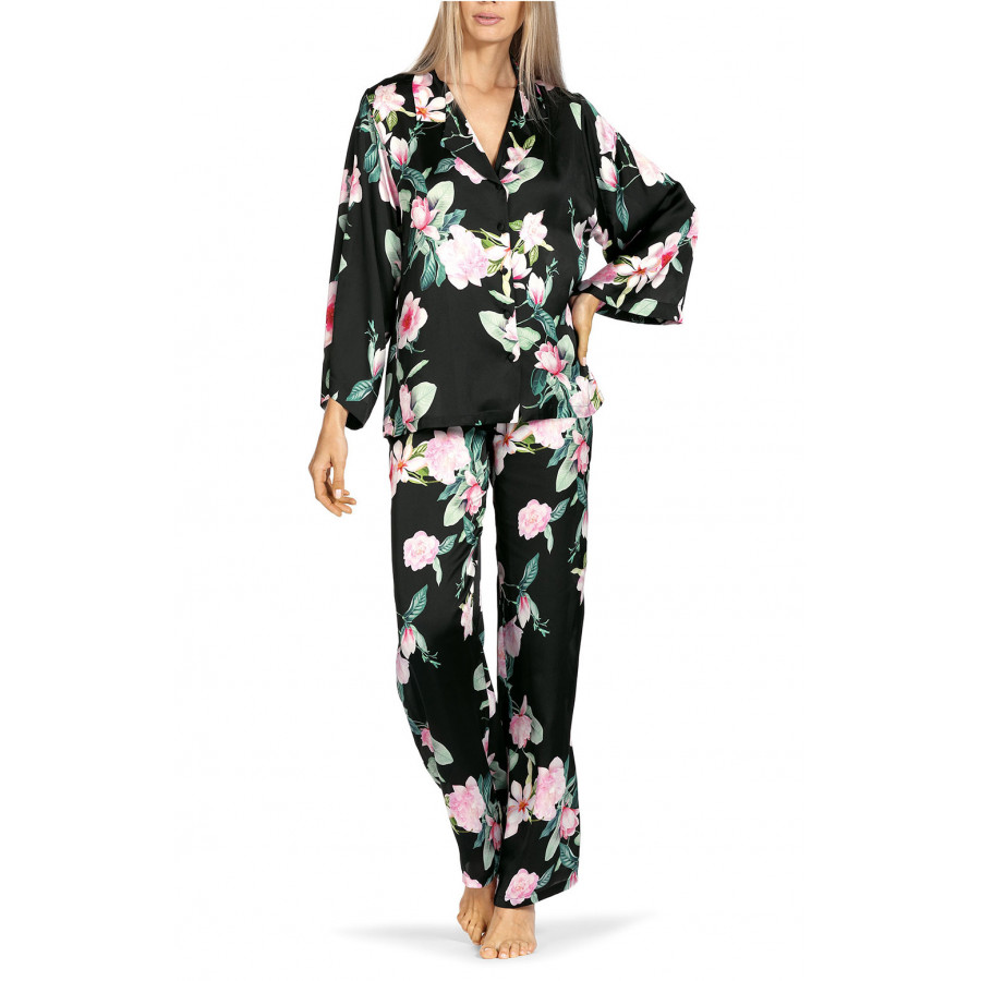 Zweiteiliger Pyjama in Blumenmuster, Hemd-Oberteil mit langen Ärmeln. Coemi-lingerie