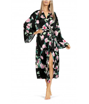 Long robe with flared sleeves and floral pattern on black satin.