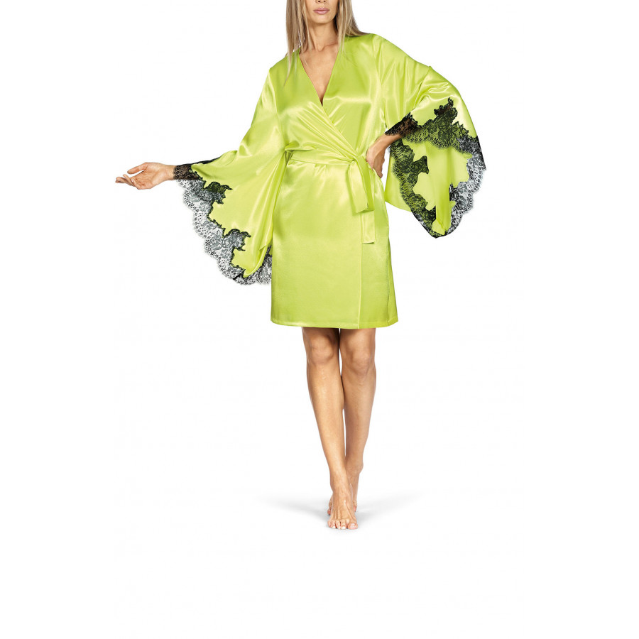 Mid-thigh-length satin and lace robe in bright colours. Coemi-lingerie