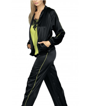 Black satin bomber jacket with brightly-coloured piping. Coemi-lingerie