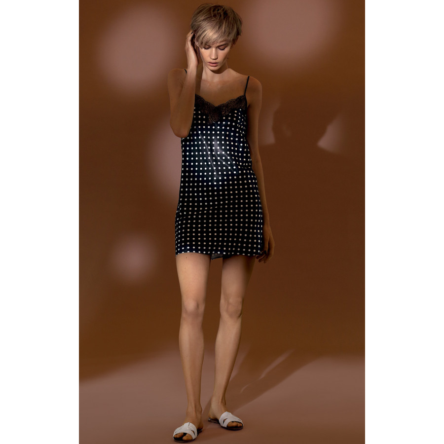 A strappy, polka dot pattern satin and lace slip dress. Coemi-lingerie