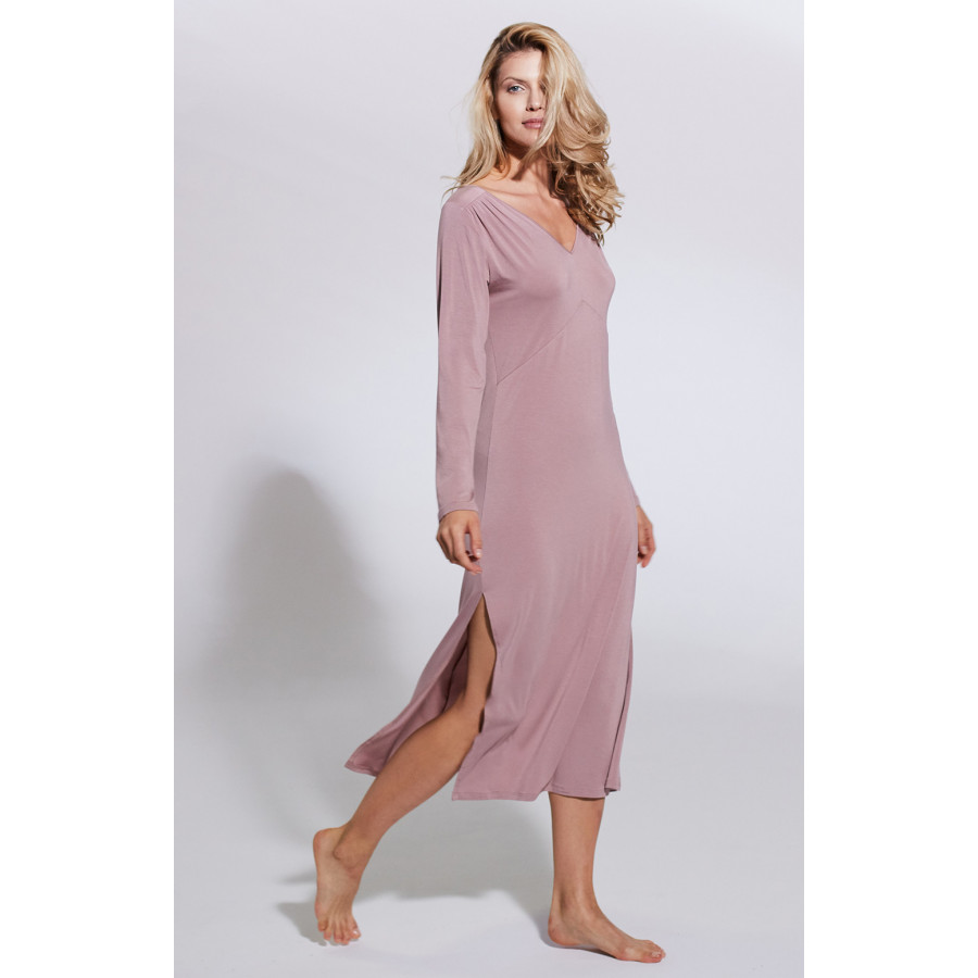 Long nightdress/lounge robe with V-neck and side slits - Coemi-lingerie
