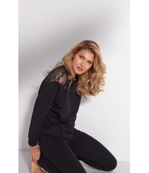 Long-sleeve sweatshirt with round neckline, embellished with lace on the shoulders - Coemi-Lingerie