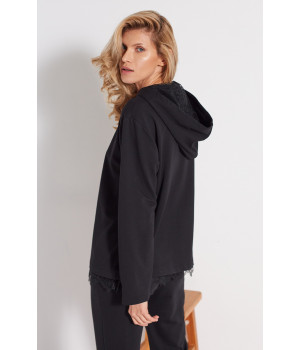 Velvety hooded sweatshirt with lace trim