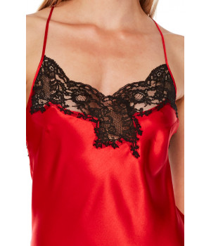 Red satin and black lace negligee with thin cross-back straps - Coemi-Lingerie