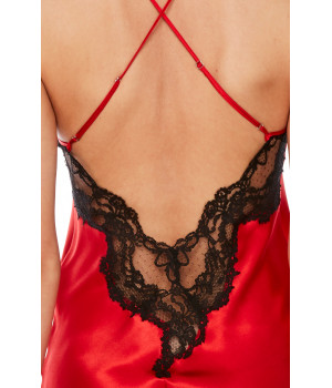 Red satin and black lace negligee with thin cross-back straps - Coemi-Lingerie