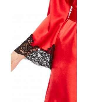Mid-thigh dressing gown in red satin and black lace - Coemi-Lingerie