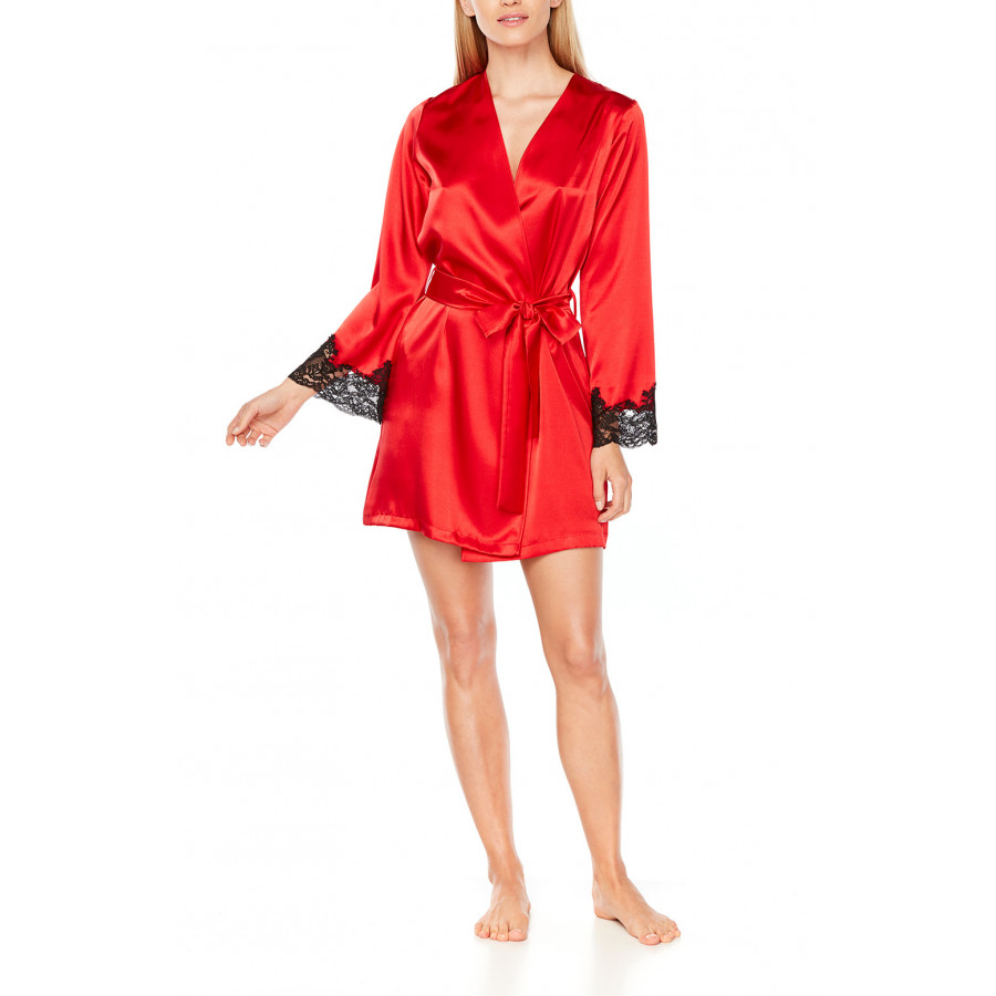 Mid-thigh dressing gown in red satin and black lace - Coemi-Lingerie